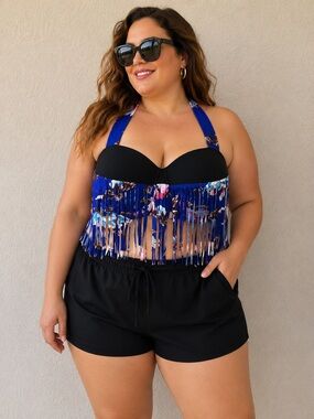 PZZ Beach Bikini Top Royal Blue Floral Padded Underwire  Halter Top Plus Sz 6XL